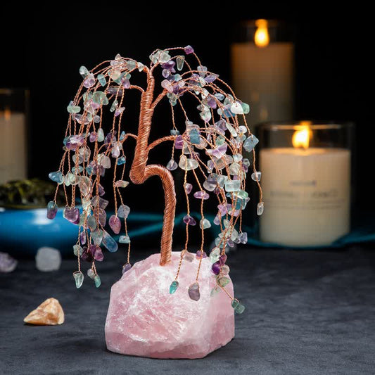 Giftoluck Fluorite Leaves Rose Quartz Base Feng Shui Tree