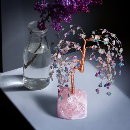 Giftoluck Fluorite Leaves Rose Quartz Base Feng Shui Tree